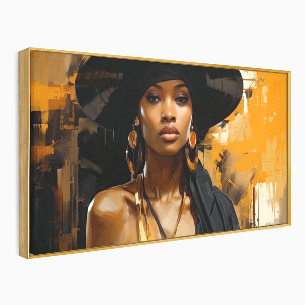 Tablou canvas cu tablou canvas cu femeie in palarie neagra, in rama de aluminiu auriu